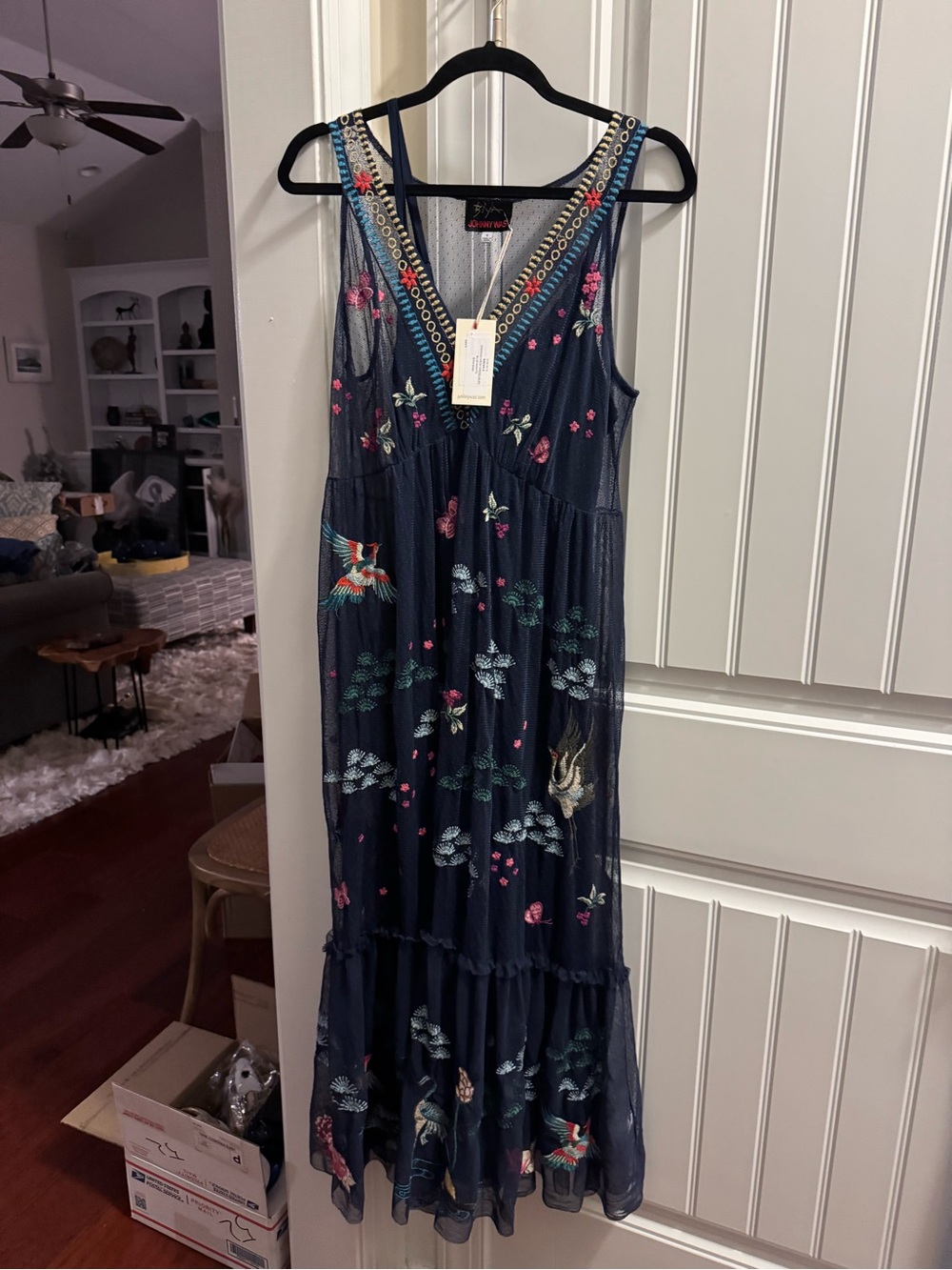 Johnny Was Navy Embroidered V‑Neck Floral & Bird Maxi Dress